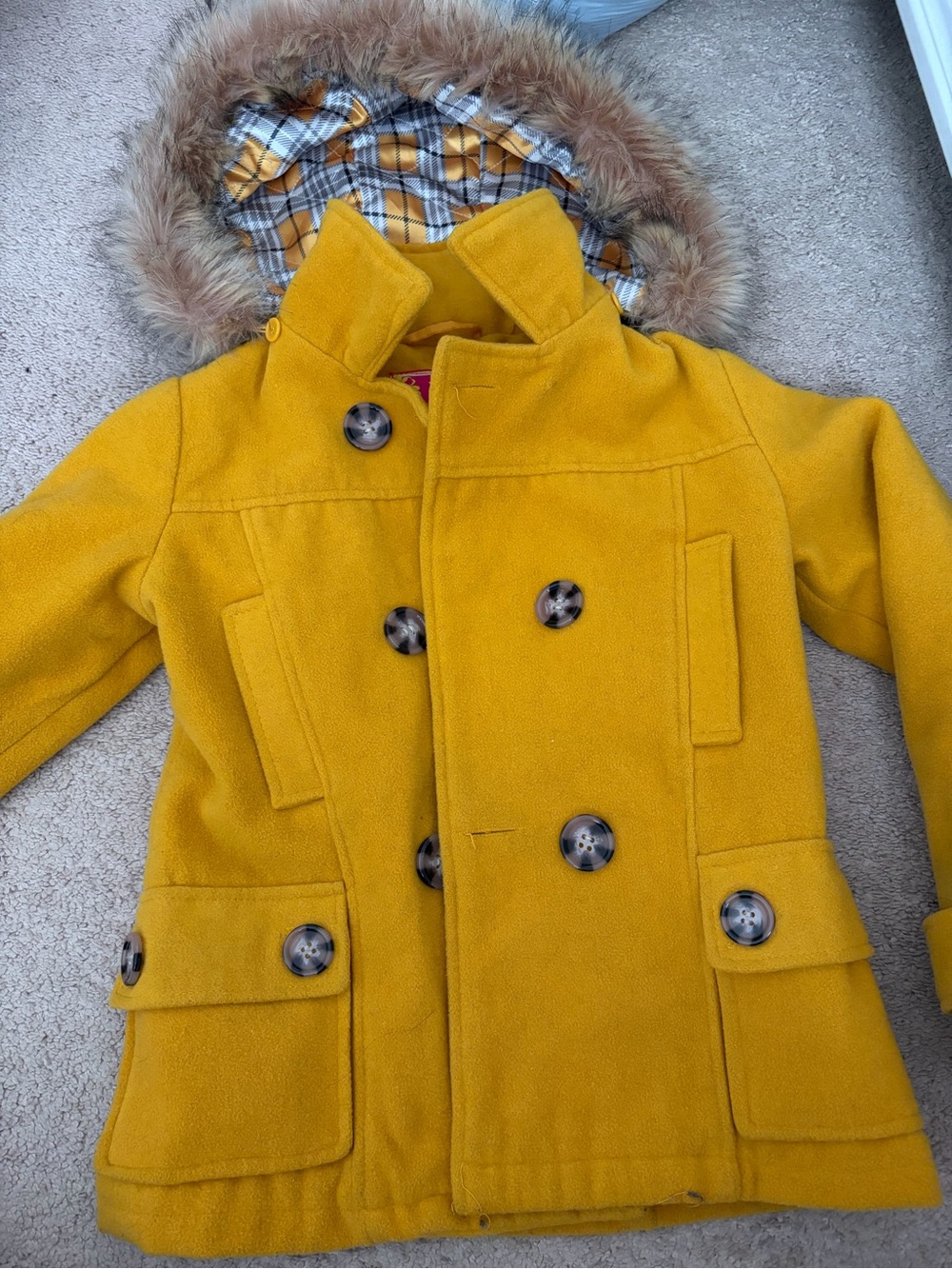 Dollhouse Mustard Yellow Girls' Double-Breasted Peacoat with Faux-Fur Hood